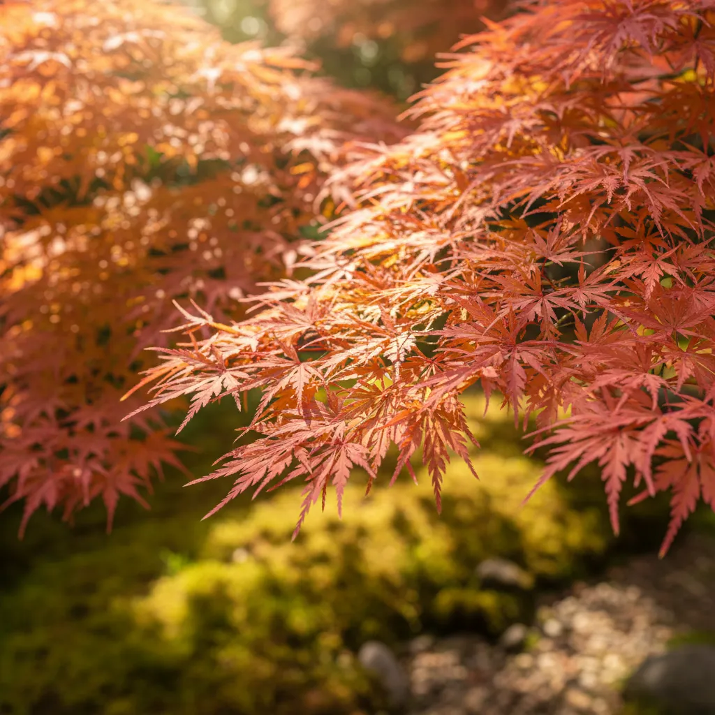 Nahaufnahme eines japanischen Ahorns mit feinen, rot-orange gefärbten Blättern und charakteristischer Fächerform