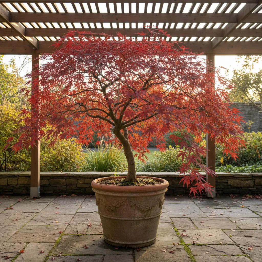 Japanischer Ahorn im Topf auf einer Terrasse mit herbstlicher Rotfärbung und eleganter Wuchsform