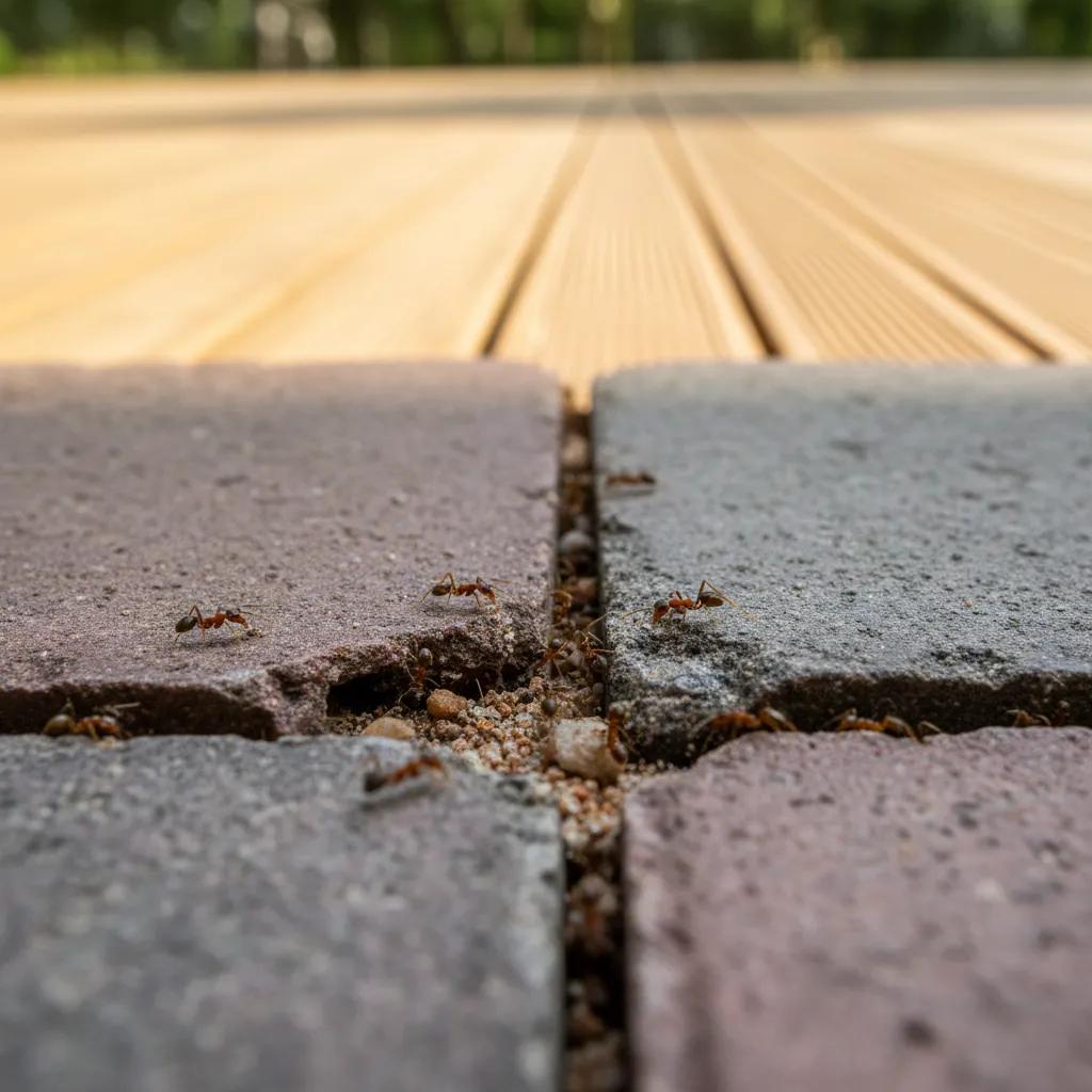 Ameisen unter Terrassenplatten und in Fugen – zeigt die Unterhöhlung beim Gartenschädlings-Befall