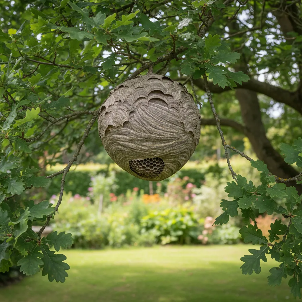 Großes gräuliches Hornissennest aus Papiermasche in einem Baum hängend, zeigt die typische kugel- oder birnenförmige Form zur Erkennung von Hornissennestern im Garten