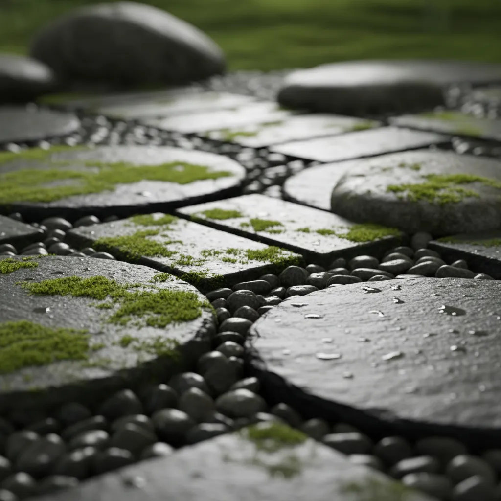 Detailaufnahme Feng Shui Steine und Kiesel: Stein-Arrangements für harmonische Garten-Struktur