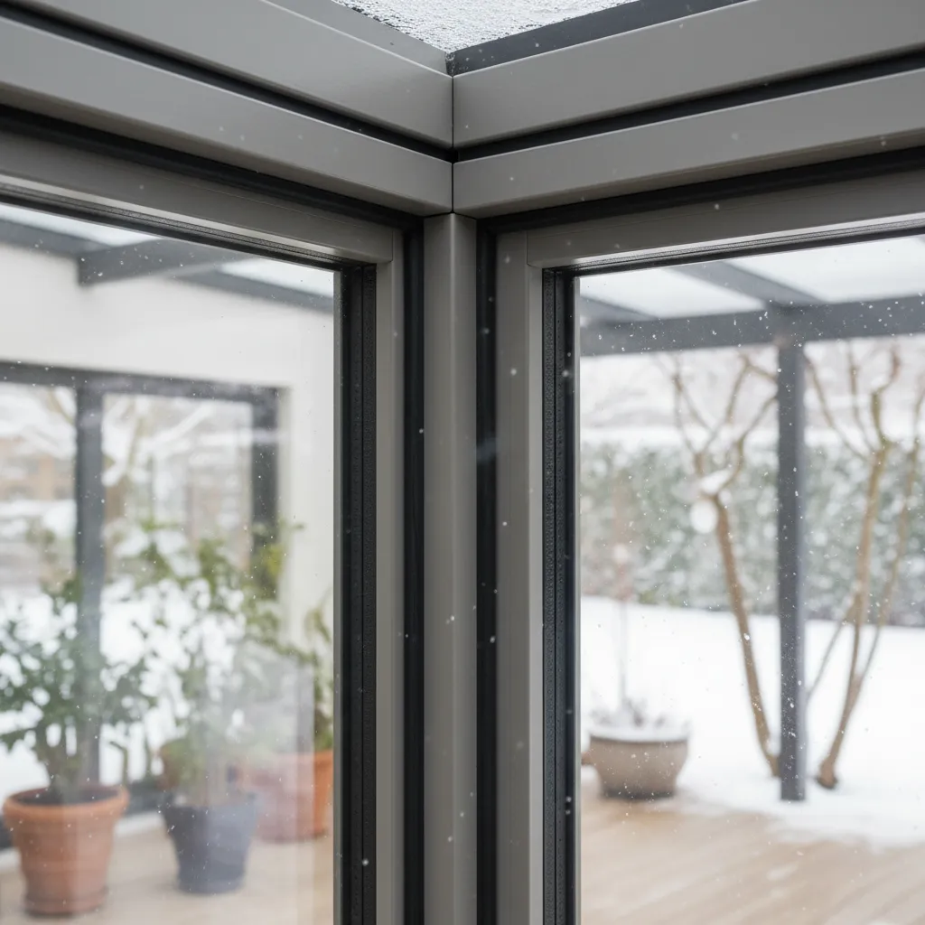 Detail-Aufnahme eines Balkon-Wintergarten-Rahmens mit thermisch getrenntem Aluminiumprofil und Isolierglasscheibe