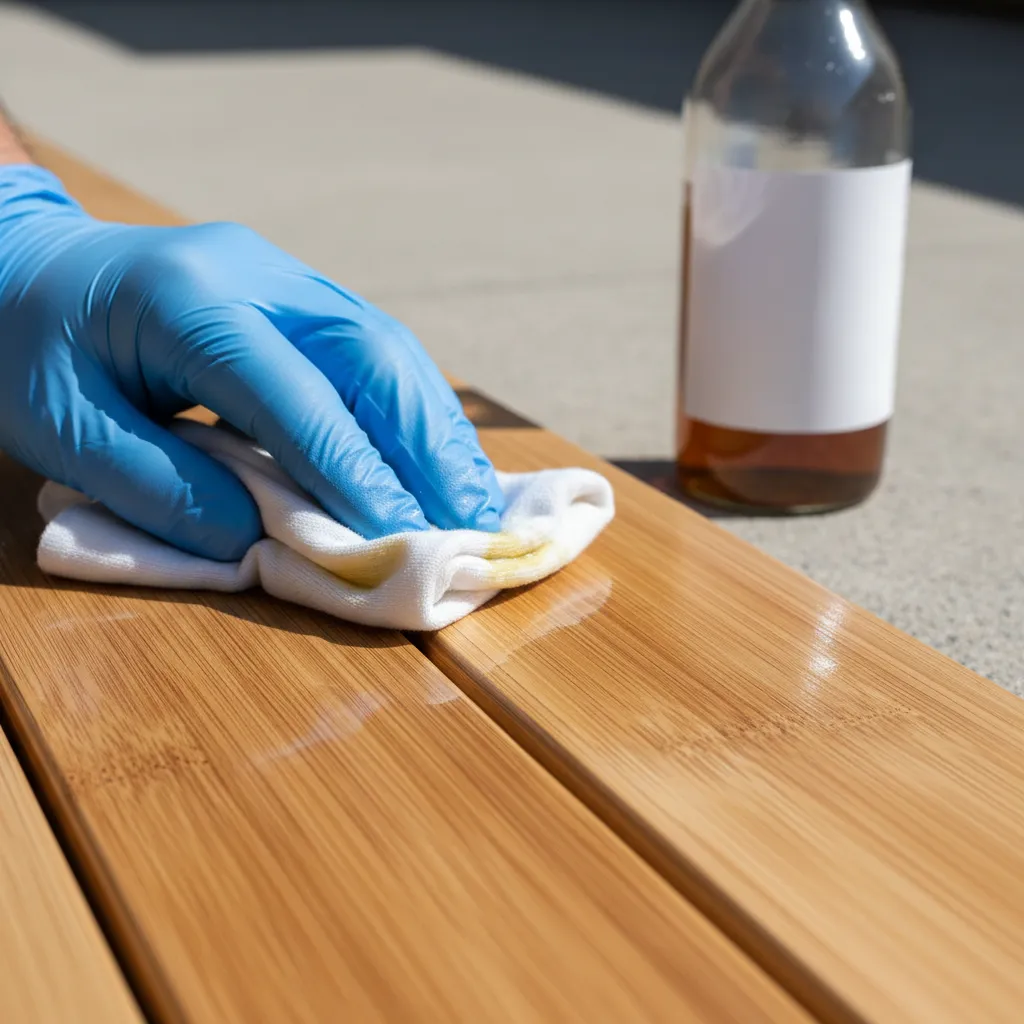 Nahaufnahme: Pflege von Bambusdielen mit speziellem Terrassenöl zur Langzeiterhaltung und Schutz