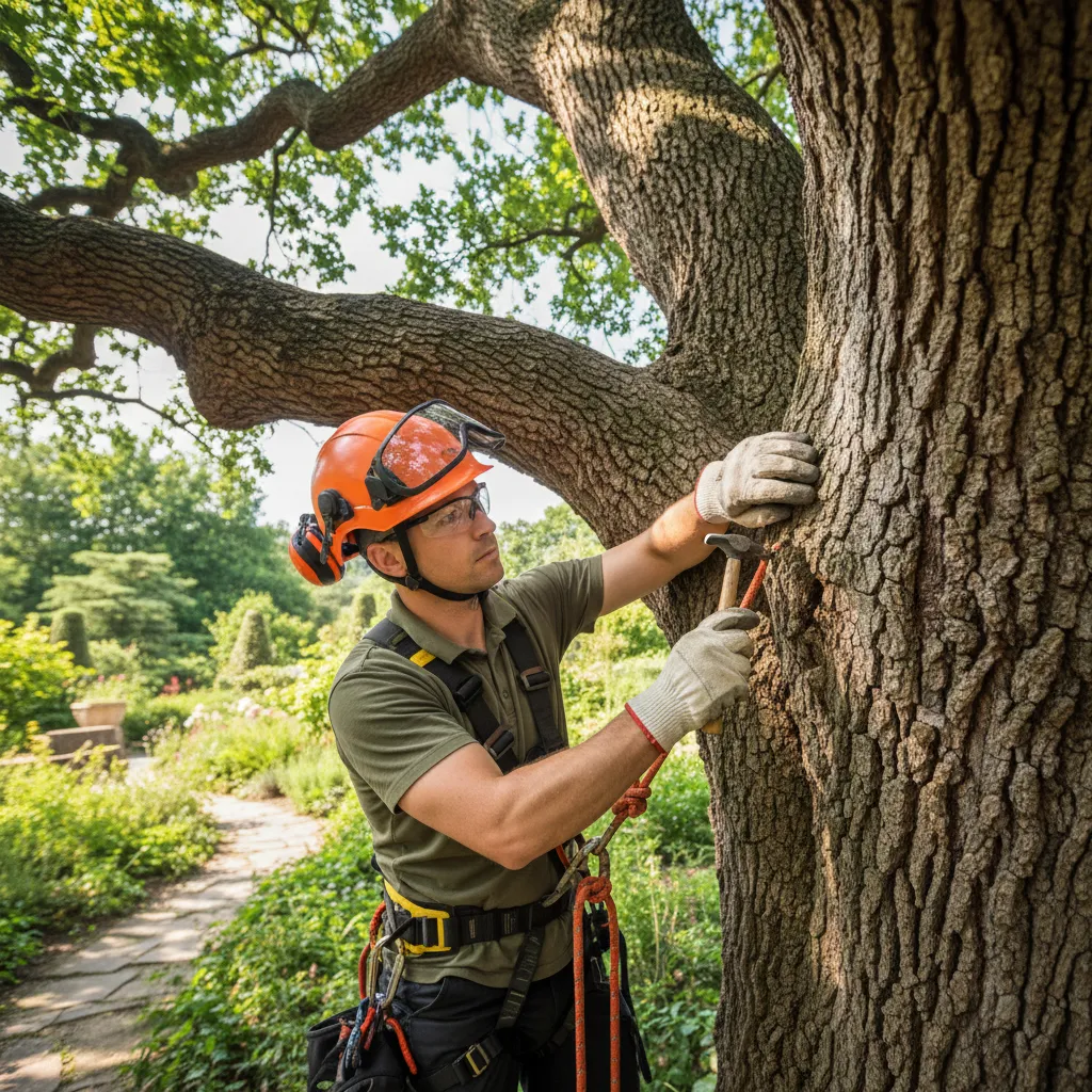 Fachmann führt professionelle Baumkontrolle durch und inspiziert einen großen Baum auf Schäden und Erkrankungen