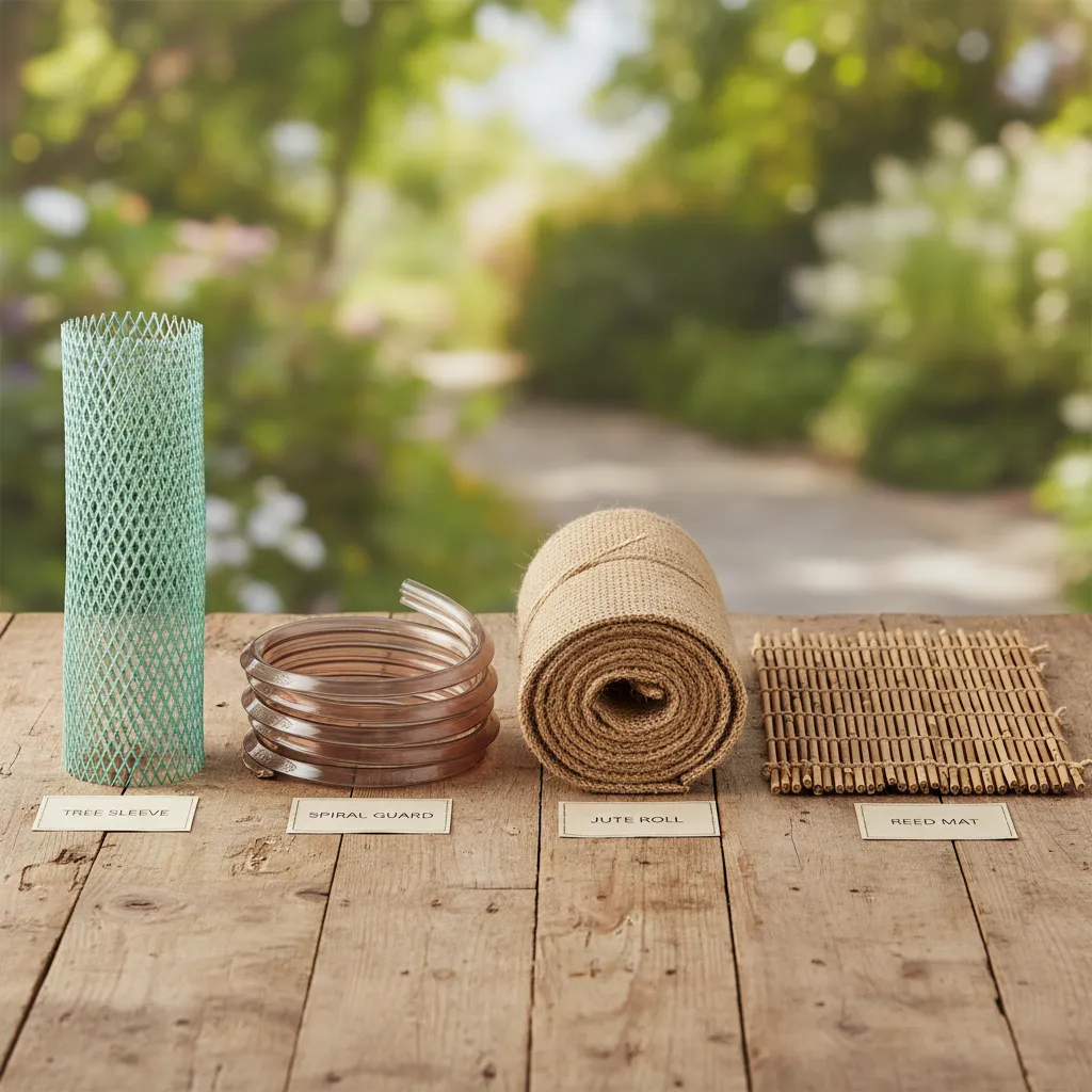 Verschiedene Baumschutz Materialien im Vergleich: Wuchshülle, Spirale, Jute und Schilfrohrmatte