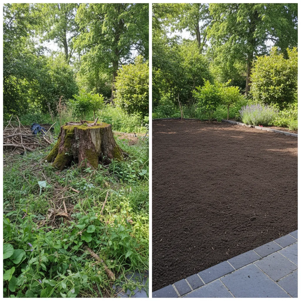 Vergleich: Baumstumpf vor Entfernung und ebene Gartenfläche nach erfolgreicher Entfernung