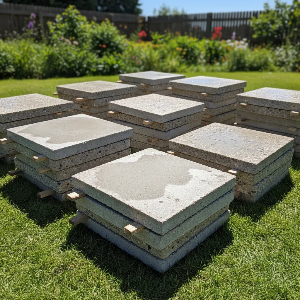 Selbsthergestellte Betonplatten und Trittplatten lagern mit Abstand zum Trocknen im Garten, bereit zum Verlegen
