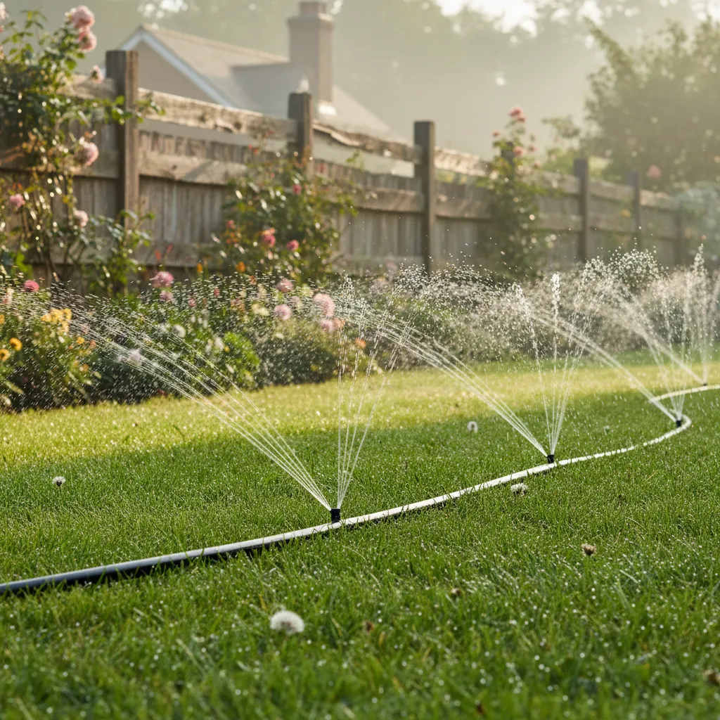 Sprühschlauch bewässert einen grünen Rasen mit feinem Sprühregen und gleichmäßiger Wassertropfen-Verteilung