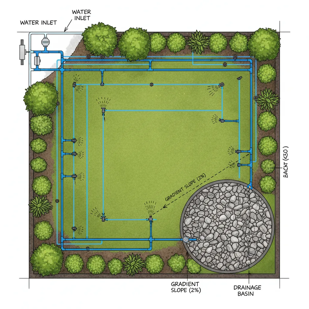 Übersichtsdarstellung eines vollständigen Bewässerungssystems mit Wasseranschluss, verlegten Rohren, verschiedenen Regnertypen und Entwässerungssystem mit Sickergrube – ideal zur Planung und Visualisierung