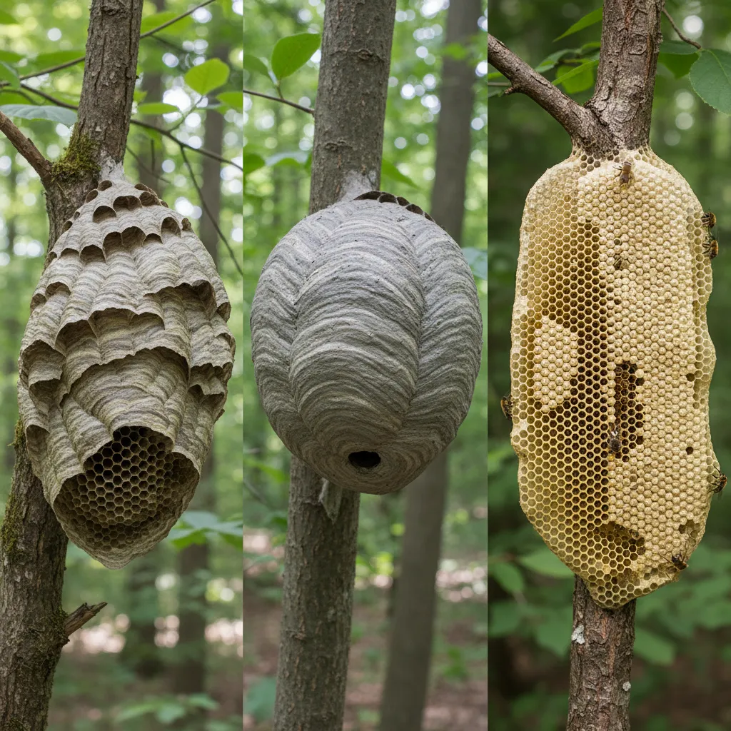 Vergleich: Wespennest (papierartig), Hornissennest (graubraun, kugelförmig), Bienennest (wachsern, tropfenförmig)