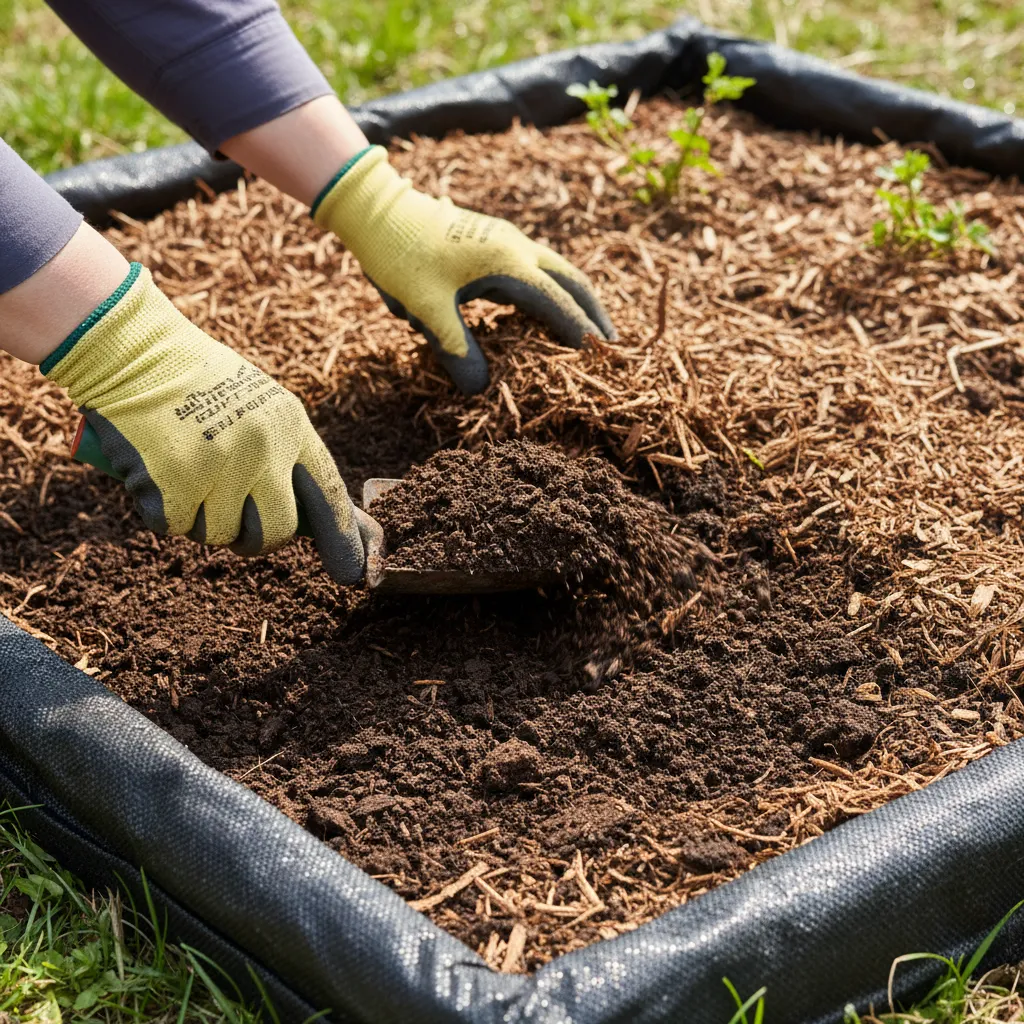 Blumenbeet-Vorbereitung mit Vlies, Kompost und Mulchschicht für optimale Bedingungen