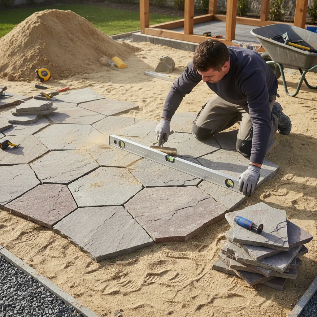 Handwerker verlegt Polygonalplatten auf dem Mörtelbett einer Terrasse mit Wasserwaage und Kelle – Schritt-für-Schritt Verlegeanleitung
