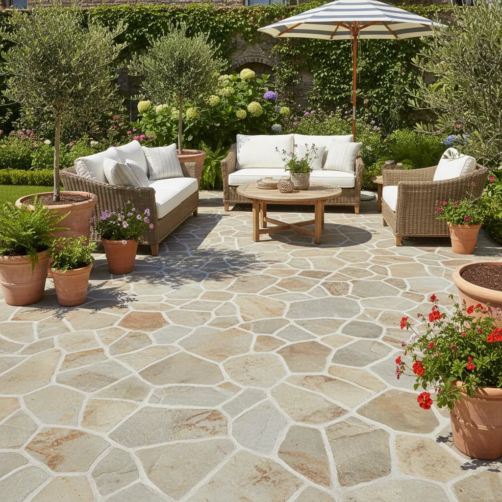 Fertig verlegte Terrasse aus Bruchsteinplatten mit schönem, natürlichem Verlegemuster und vollständiger Verfugung