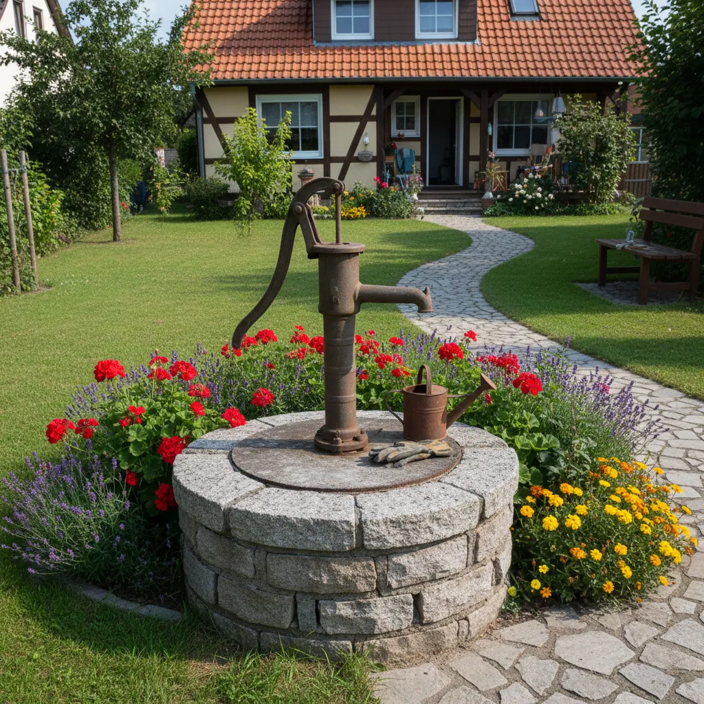 Schnittzeichnung verschiedener Brunnenarten: Rammbrunnen, Bohrbrunnen und Tiefbrunnen mit unterschiedlichen Bohrtiefem und Grundwasserschichten