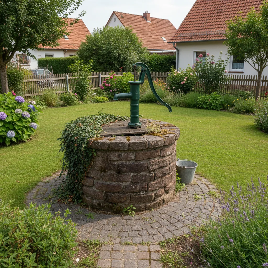Schnittzeichnung eines Brunnens mit Grundwasserspiegel, Bodenschichten und Rohrsystem zeigt die optimale Brunnentiefe