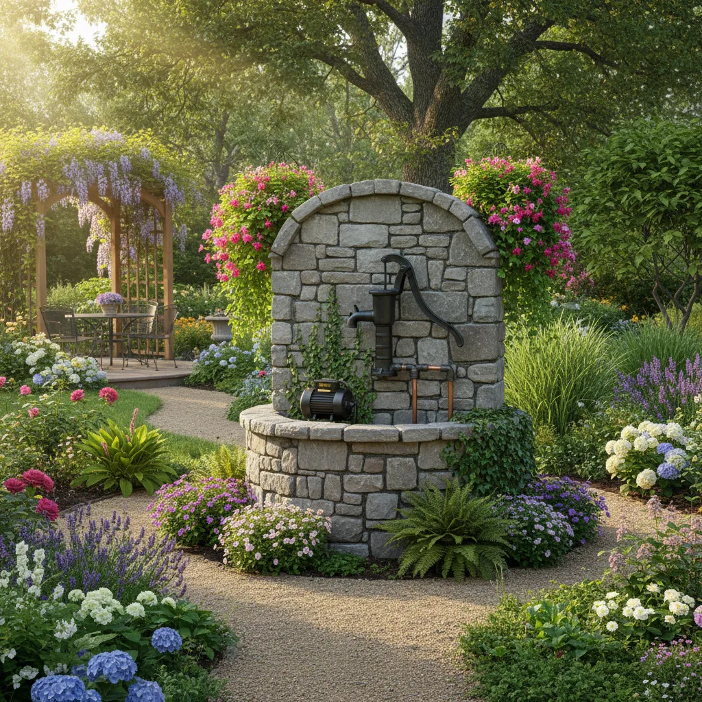 Fertig ausgebauter Gartenbrunnen mit Brunnenfassung und Pumpenanlage im grünen Garten – zeigt das finale Ergebnis einer erfolgreichen Brunnenbohrung