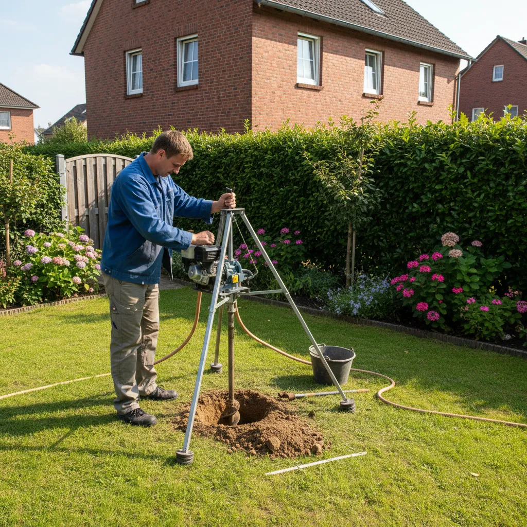 Professionelle Brunnenbohrtechnik mit Spezialmaschine beim Bohren im Garten eines Privatgrundstücks