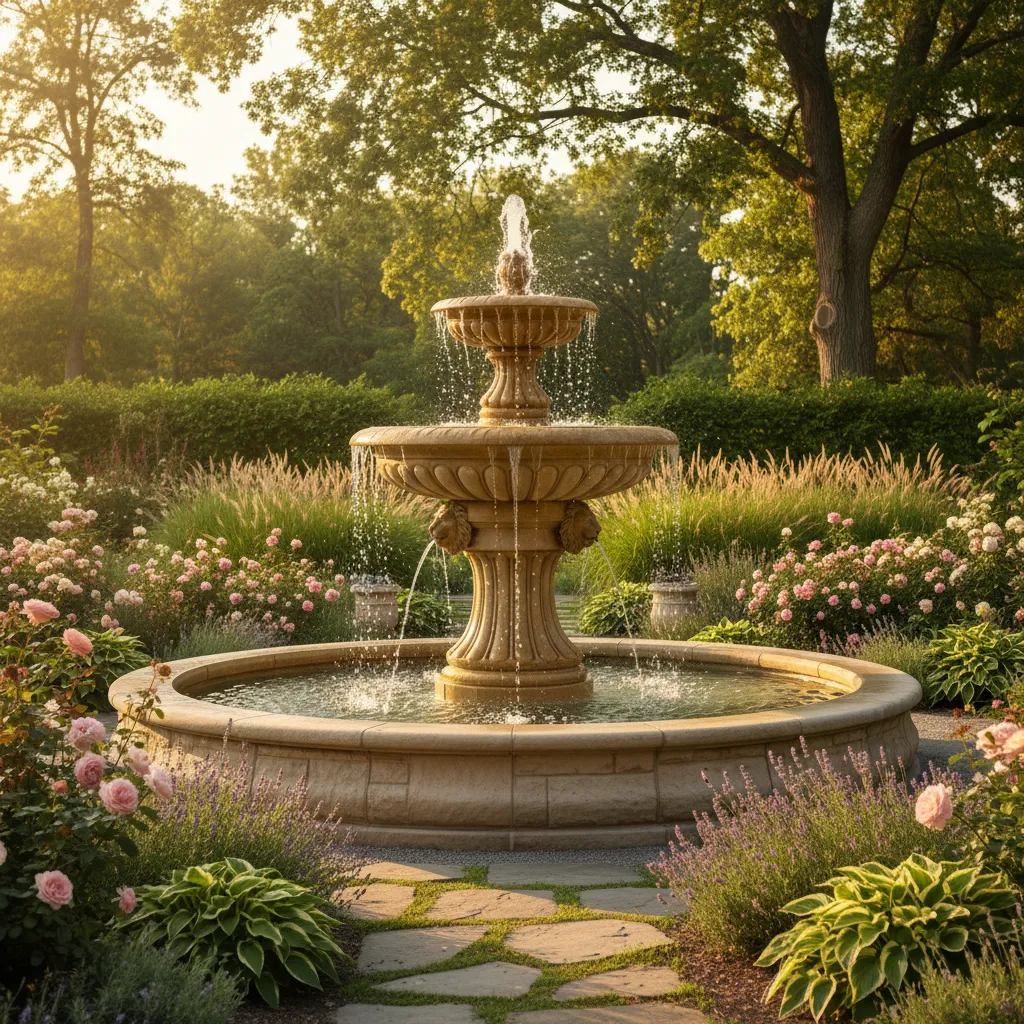 Eleganter Zierbrunnen als Gestaltungselement im Garten mit fließendem Wasser