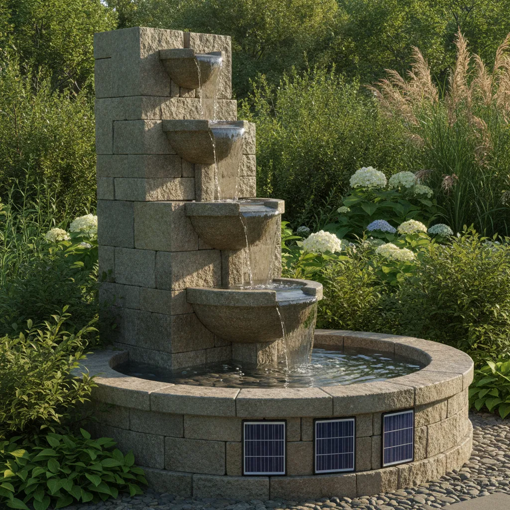 Moderner Zierbrunnen mit Solarpanels im Garten: elegante Wasserkaskade aus Naturstein mit beruhigendem Wasserspiel
