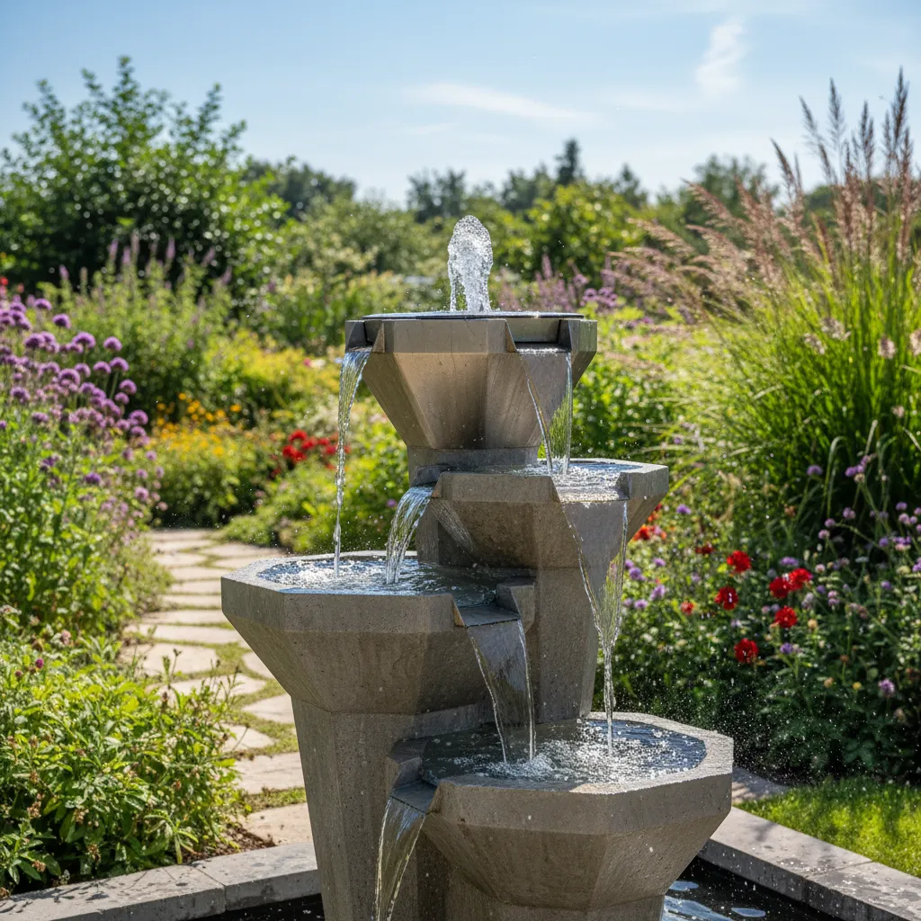 Dekobrunnen im Garten mit Solarpumpe, Wasserzirkulation sichtbar, umgeben von Grünflächen und Blumen, sonniger Tag
