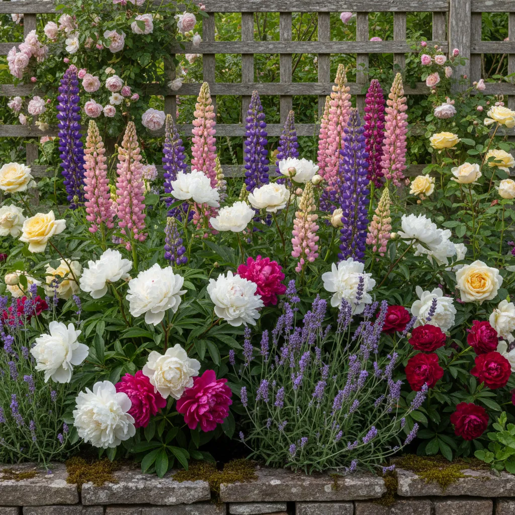 Nahaufnahme der vielfältigen Pflanzenkombination in einem Cottage Garten mit Lupinen, Rosen und Lavendel
