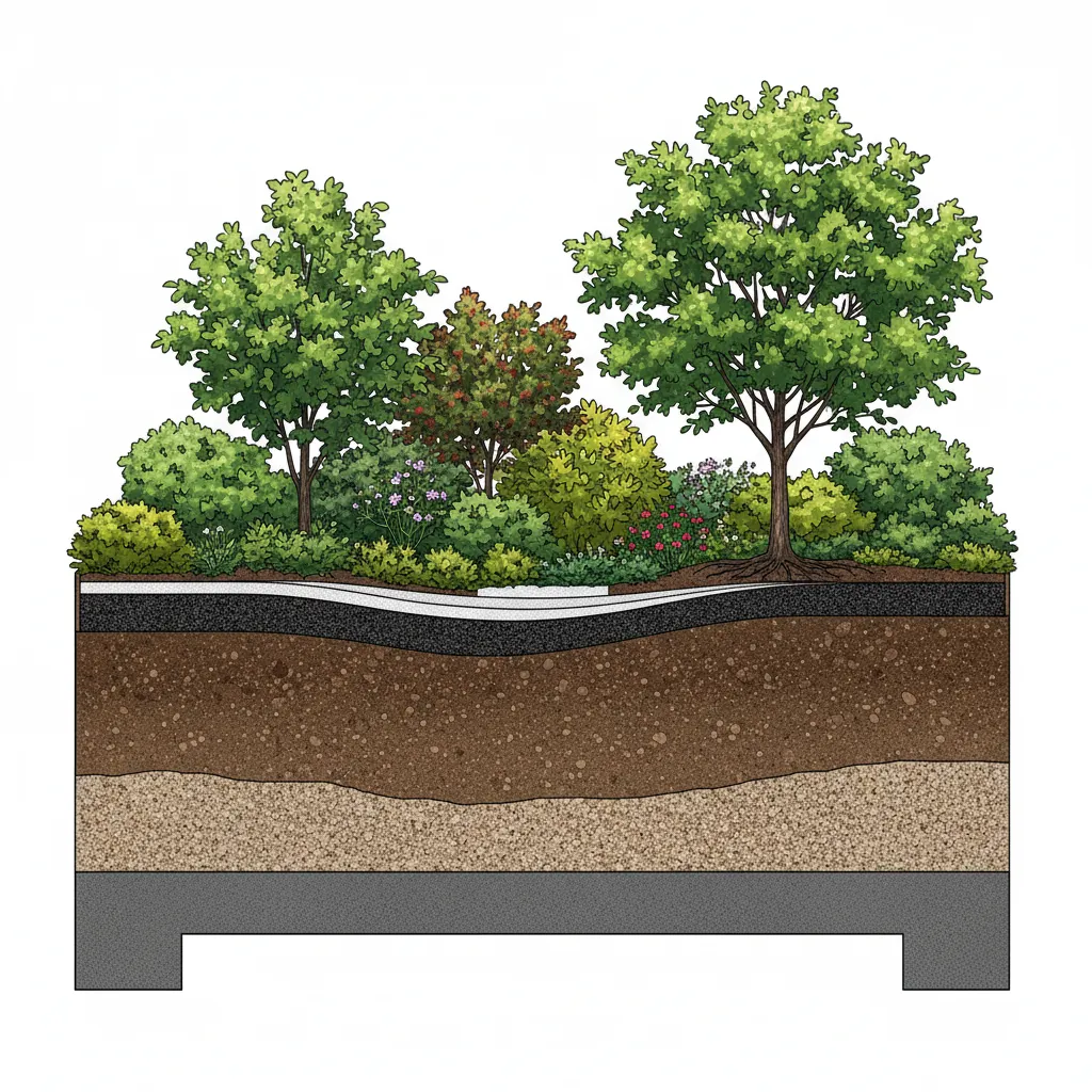 Querschnitt-Detail einer intensiven Dachbegrünung mit allen Schichten: Abdichtung, Drainage, Substrat und Bepflanzung