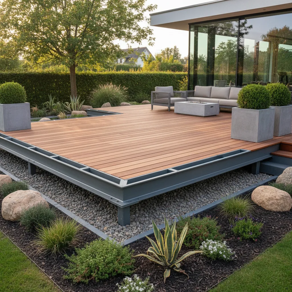 Fertig verlegte Douglasie-Terrasse mit gleichmäßigen Fugenabständen, Unterkonstruktion und Entwässerung erkennbar