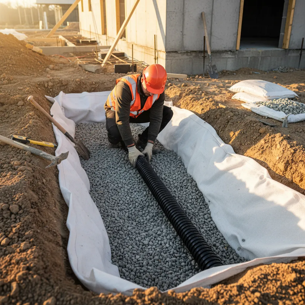 Fachgerechte Verlegung eines Drainagerohrs an der Hauswand mit Gefälle, Kiespolster und Filtervlies während der Installation