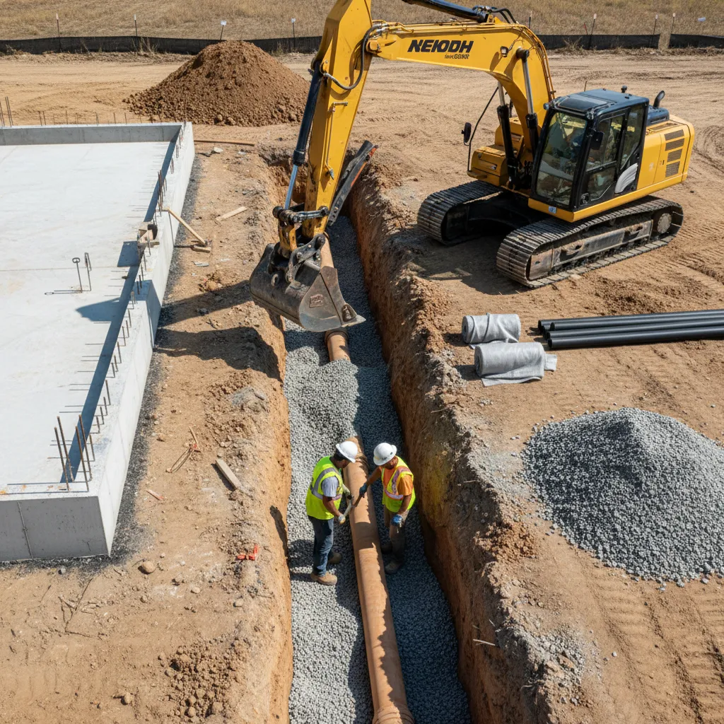 Fachleute verlegen eine Drainage an einer Hausfundament mit Bagger und Handarbeit – typisches Drainageprojekt am Haus