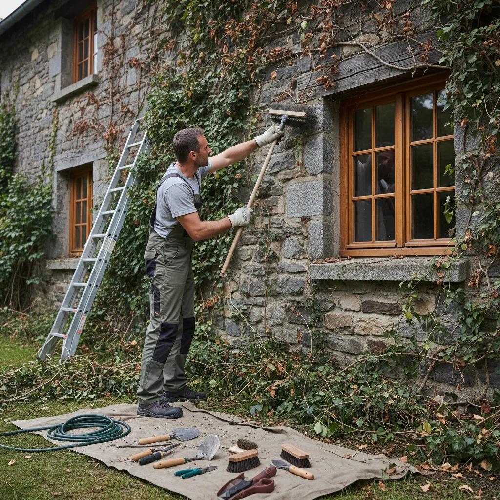 Professioneller Gartenbaubetrieb entfernt Efeu von einer Hausfassade mit Stahlbürste – schonende Methode zur Vermeidung von Wandschäden