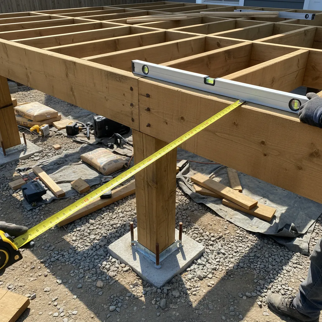 Fundament und Unterkonstruktion einer erhöhten Terrasse mit Betonfundamenten und Holzpfosten im Bau