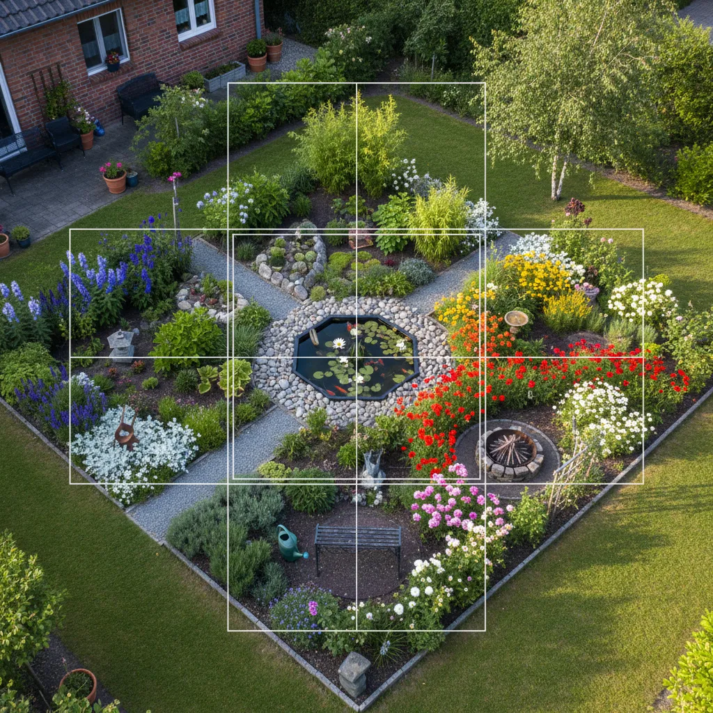 Luftaufnahme einer Feng-Shui-Gartenaufteilung nach Bagua-Zonen mit verschiedenen Pflanzen und Elementen je Bereich