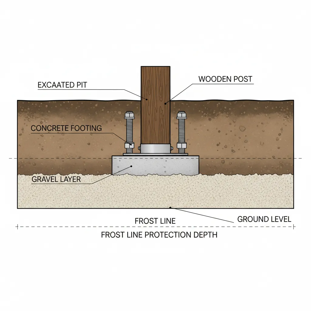 Querschnitt eines Terrassenüberdachung-Fundaments mit Aushub, Kiesschicht, Betonfundament, Ankerschrauben und Stützenverankerung zur Frostgrenze