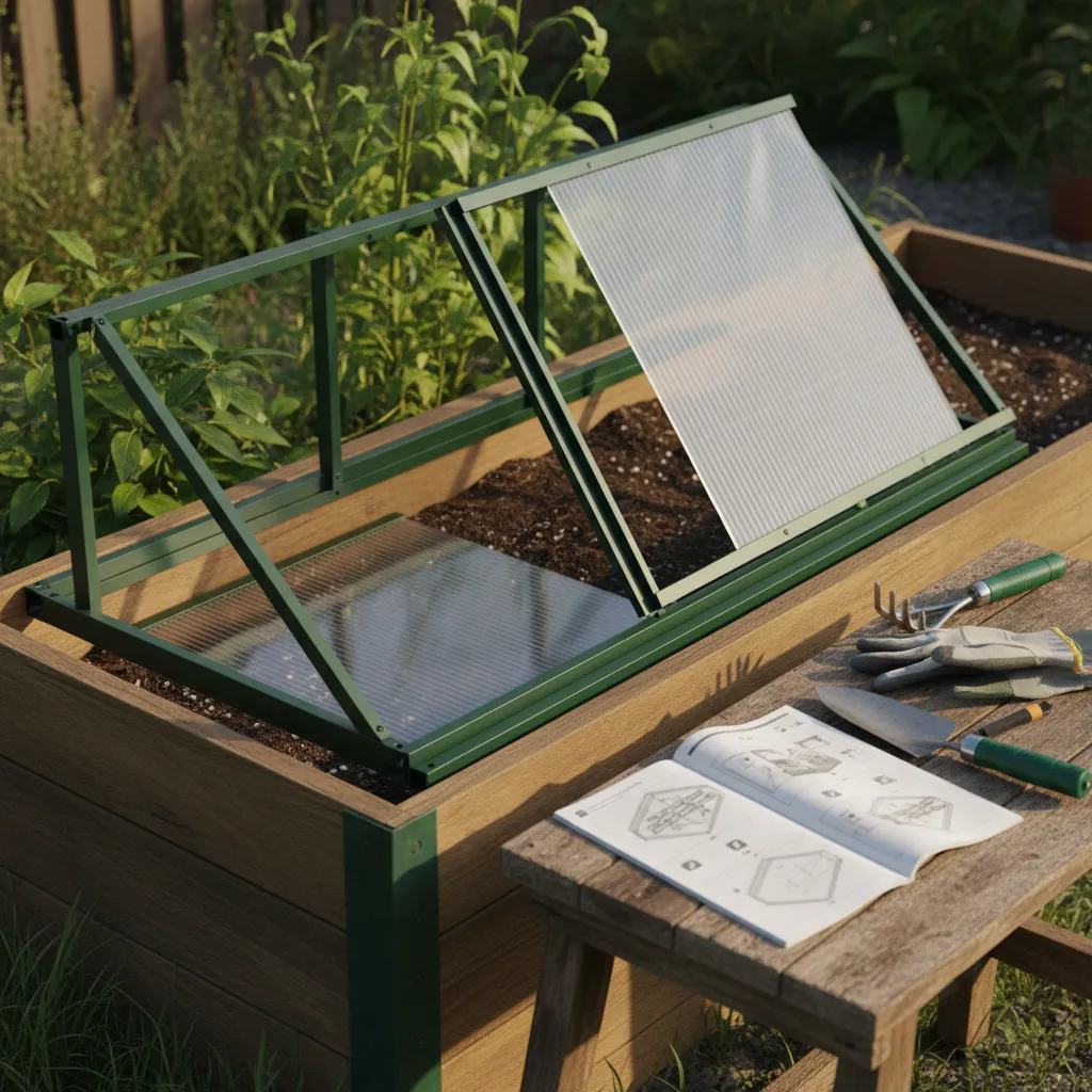Montage eines Fertig-Bausatzes für ein Frühbeet mit Polycarbonat-Paneelen und Metallrahmen auf dem Gartenbeet