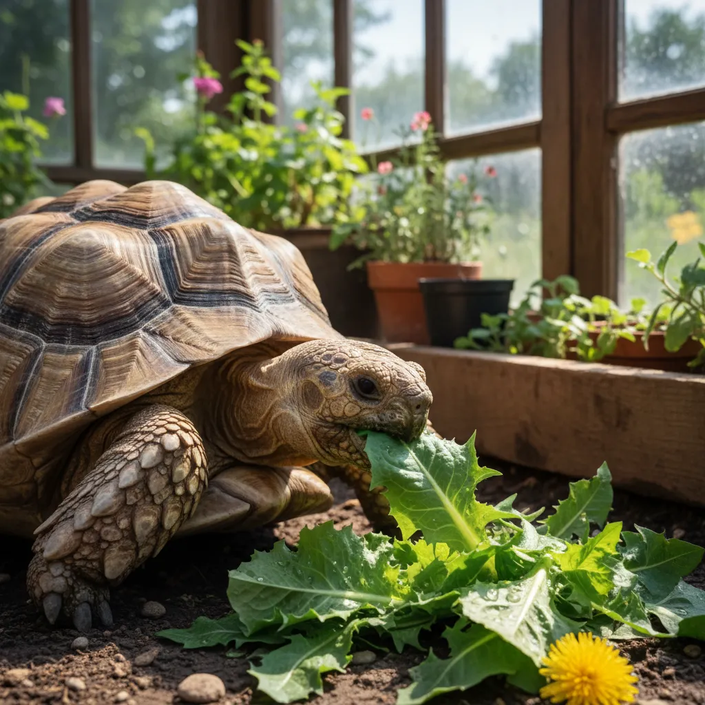 Landschildkröte frisst frische Blätter und Löwenzahn im Frühbeet, natürliche Futterquelle für Schildkröten