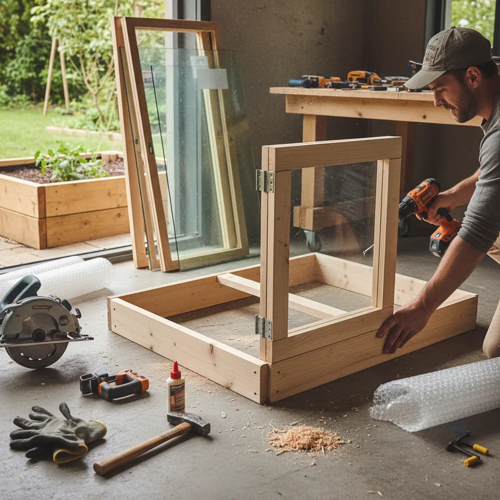 Frühbeetaufsatz selber bauen: Holzrahmen mit Glas und Scharnieren während der Montage
