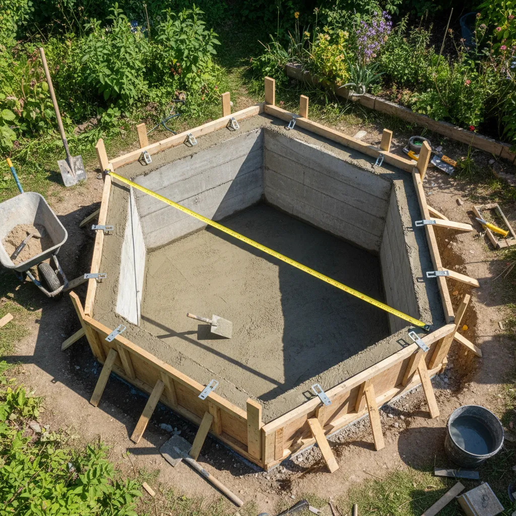 Fünfeckiges Betonfundament für Gartenhaus während des Baus von oben fotografiert