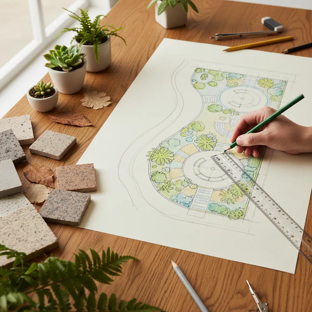 Gartenplaner erstellt Gestaltungsplan mit Skizzen und Materialmustern für Gartenanlage