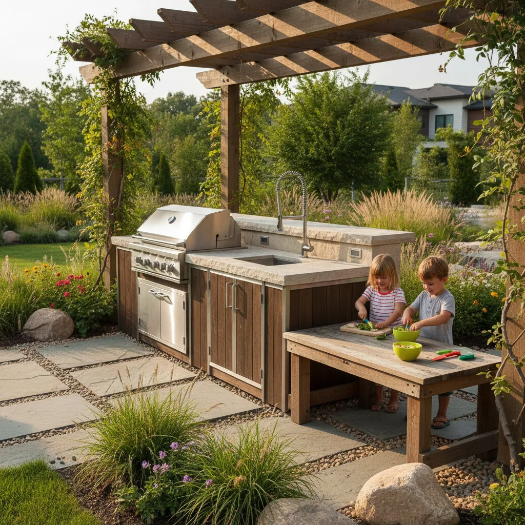 Outdoorküche im Garten mit benutzerfreundlicher Arbeitsfläche und Grillbereich für Familienmahlzeiten