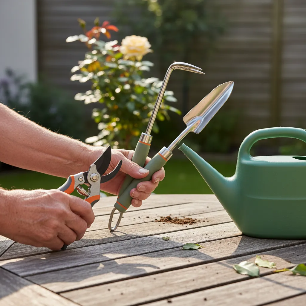 Nahaufnahme von ergonomischen Gartengeräten für Senioren: Langstiel-Werkzeuge, polsterte Griffe und leichte Gießkanne – optimierte Ausrüstung für rückenschonende Gartenarbeit