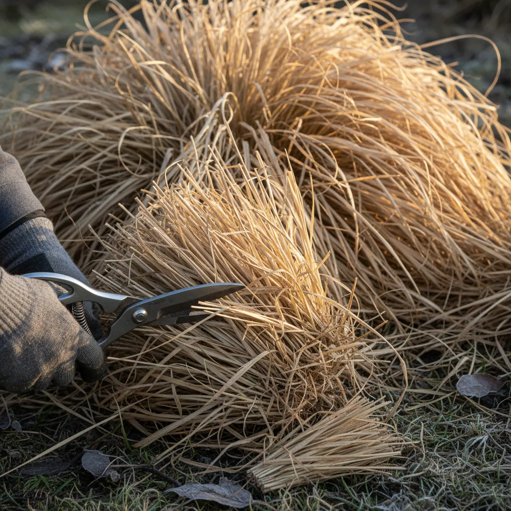 Detailaufnahme beim korrekten Schneiden von Ziergräsern im Spätwinter mit Gartenschere – praktische Anleitung für das richtige Timing bei Gräsern schneiden