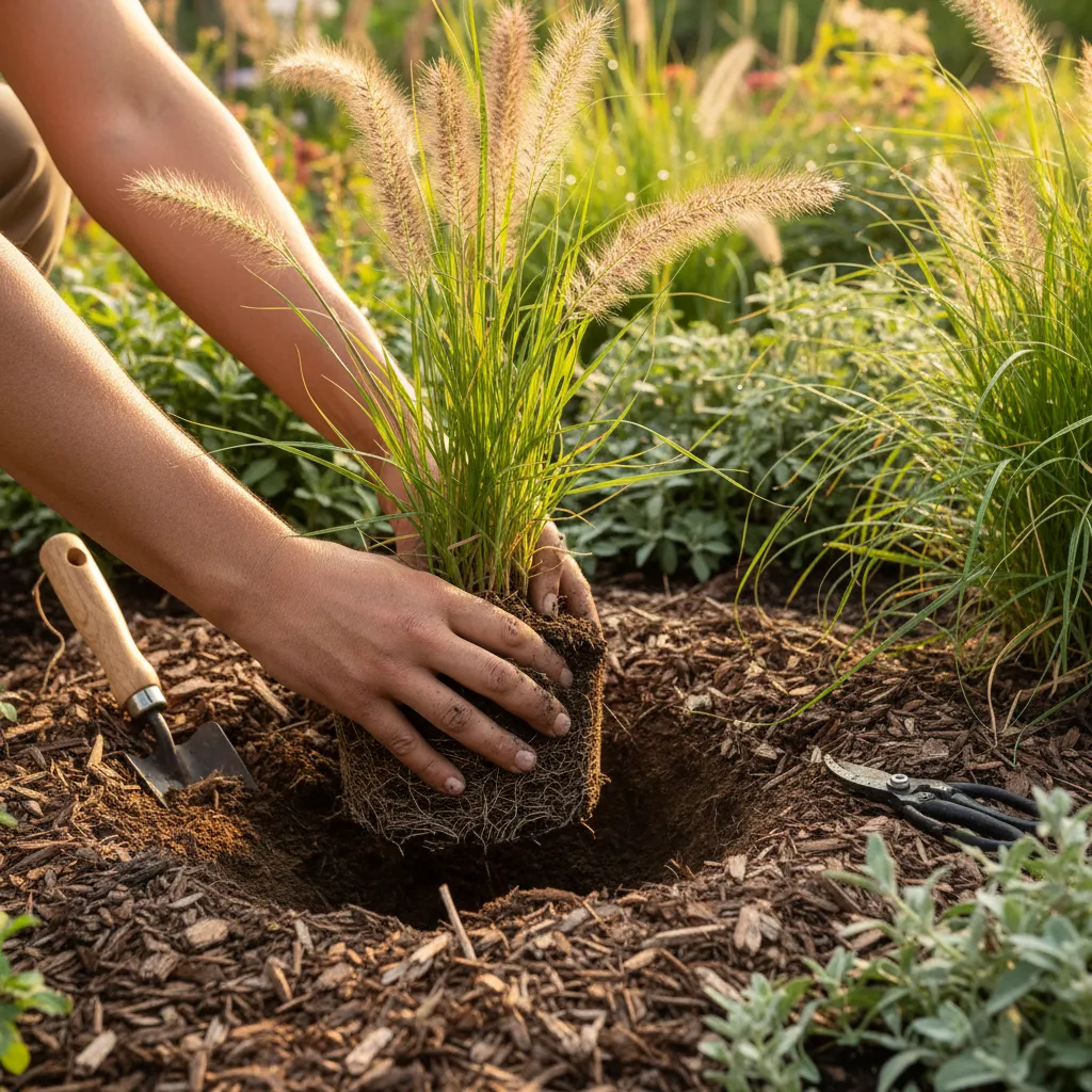 Gärtner-Hände beim Pflanzen von Ziergräsern in ein vorbereitetes Beet, zeigt die richtige Pflanztiefe und Mulch-Anwendung bei der Gartenbepflanzung
