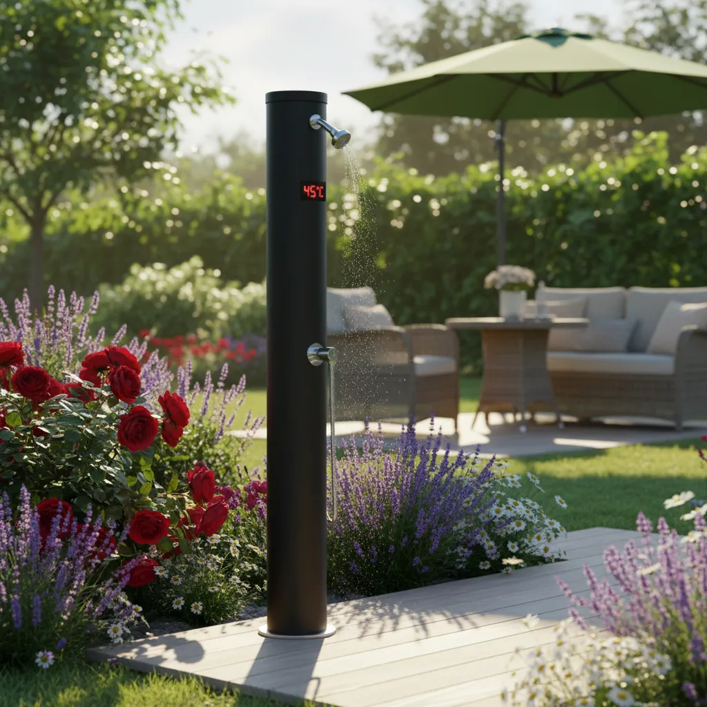 Solardusche im Garten: Stromfreie Warmwasserlösung nutzt Sonnenenergie zur Wassererwärmung auf 40-50°C