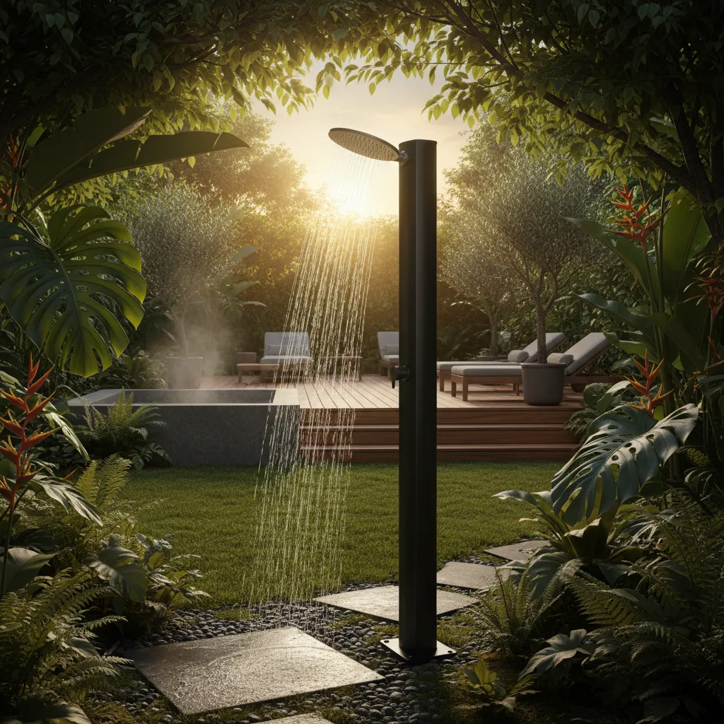 Moderne Solardusche im Garten mit warmem Wasser und attraktivem Gartendesign
