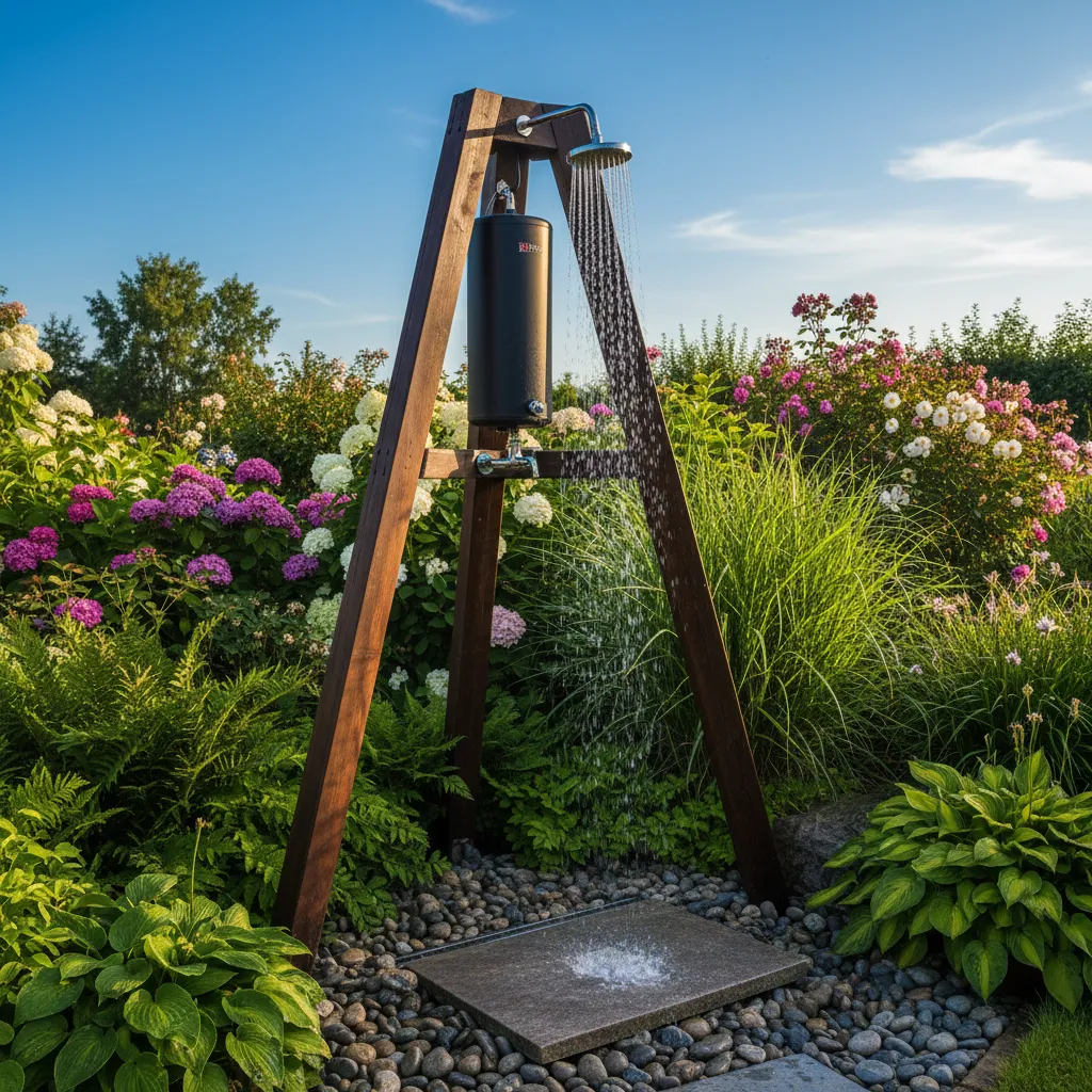 Solardusche im Garten mit fließendem warmem Wasser – zeigt praktische Warmwasser-Lösung ohne Strom für Gartenkomfort