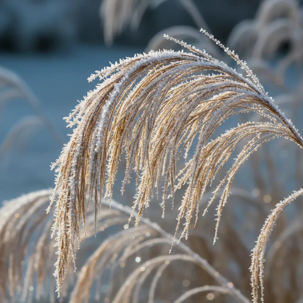 Detailaufnahme: winterharte Ziergräser mit silbernen Blütenständen und Raureif, zeigt die dekorative Winterstruktur und botanische Schönheit im Detail