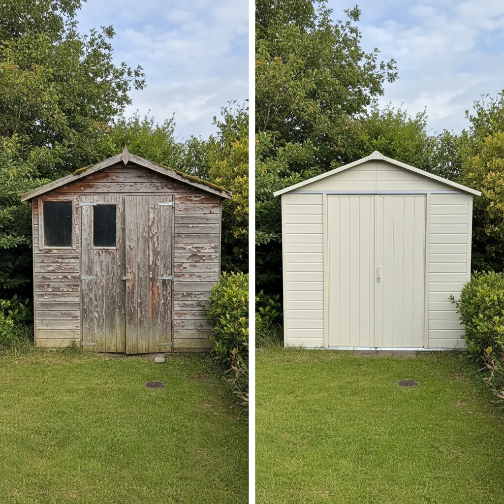 Vergleich: Kunststoff-Gartenhaus wartungsarm vs. Holz-Gartenhaus mit Witterungsschäden