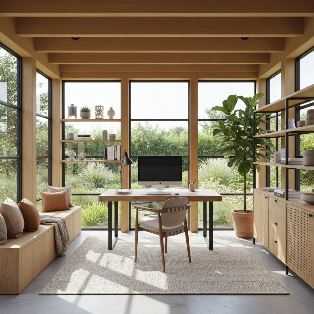 Modernes Gartenhaus-Inneres als Homeoffice gestaltet mit hochwertiger Ausstattung, großen Fenstern und natürlichem Licht