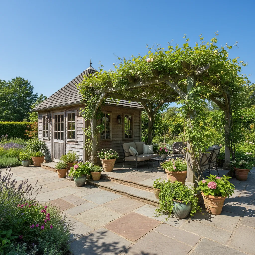 Steinterrasse am Gartenhaus mit Überdachung und Pergola, elegant und pflegeleicht