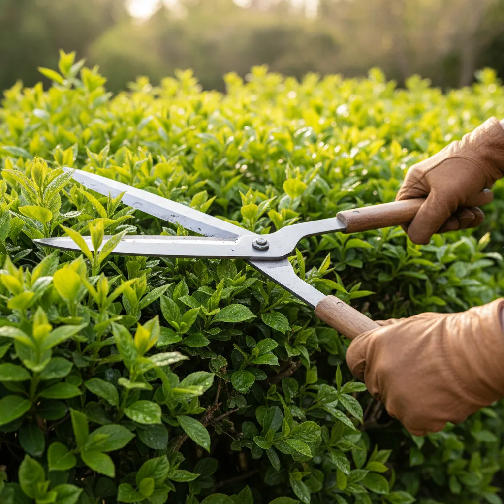Detailaufnahme eines Gärtners beim Heckenschneiden – eine der arbeitsintensiveren Gartenpflege Kosten